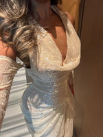 Detachable Long Sleeve Halter Sequins Sparkle Mermaid Evening Dress