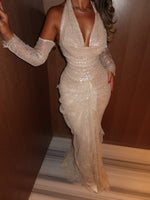 Detachable Long Sleeve Halter Sequins Sparkle Mermaid Evening Dress