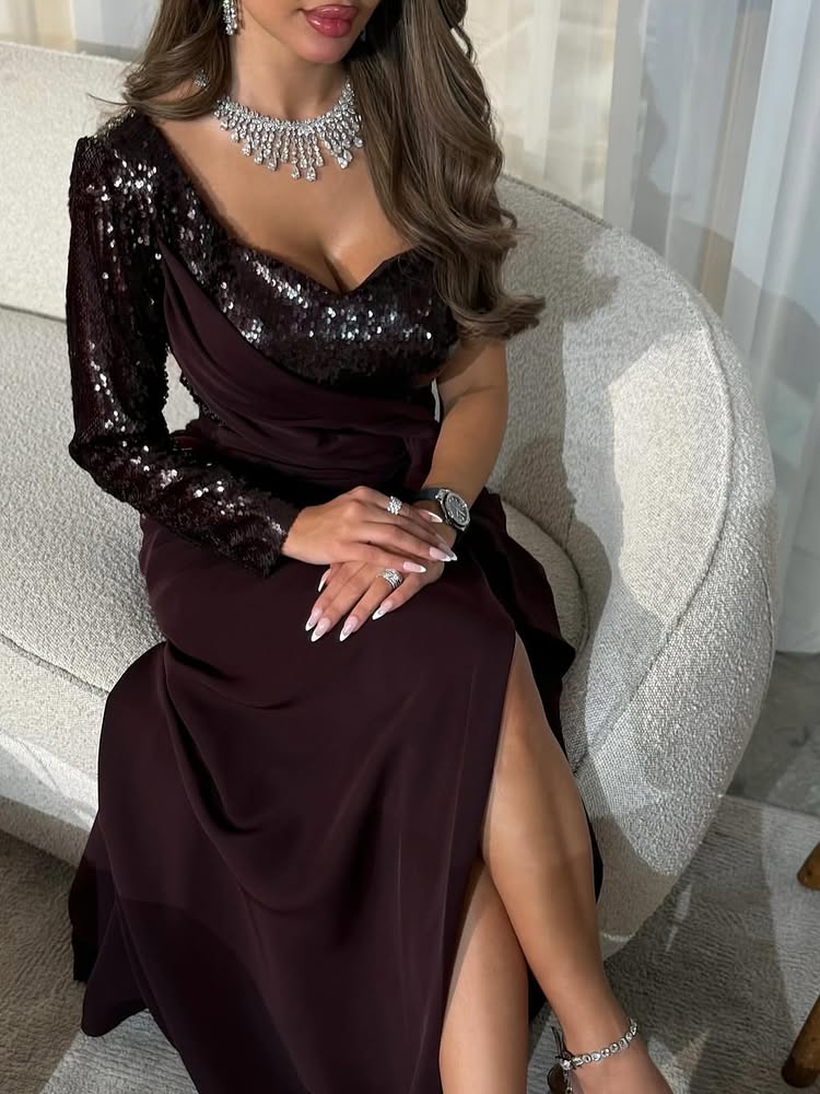 Sequins Sparkle One Shoulder Long Sleeve Mermaid Side Slit Evening Dress