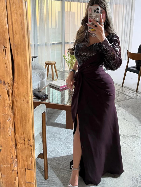 Sequins Sparkle One Shoulder Long Sleeve Mermaid Side Slit Evening Dress