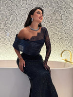 One Shoulder Lace Long Shoulder Sparkle Mermaid Ankle-Length Evening Dress
