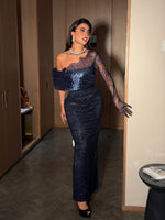 One Shoulder Lace Long Shoulder Sparkle Mermaid Ankle-Length Evening Dress