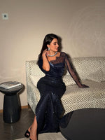 One Shoulder Lace Long Shoulder Sparkle Mermaid Ankle-Length Evening Dress