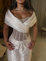 Luxury Off the Shoulder Mermaid Sheer Beaded Evening Dress Floor-Length