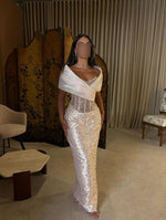 Luxury Off the Shoulder Mermaid Sheer Beaded Evening Dress Floor-Length
