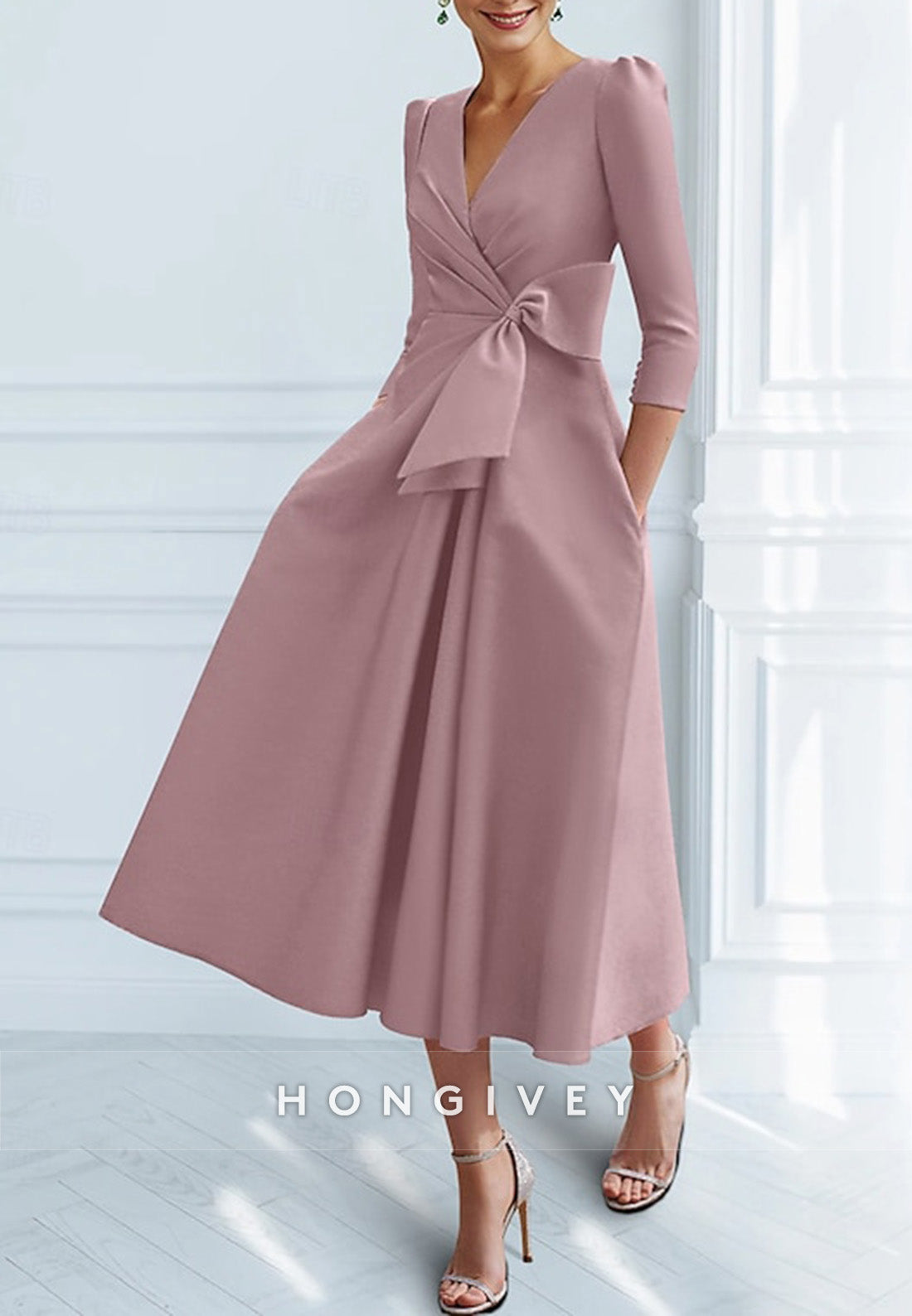 V Neck Tea-Length 3/4 Sleeve A-Line Ruched Cocktail Dresses with Bow(s)