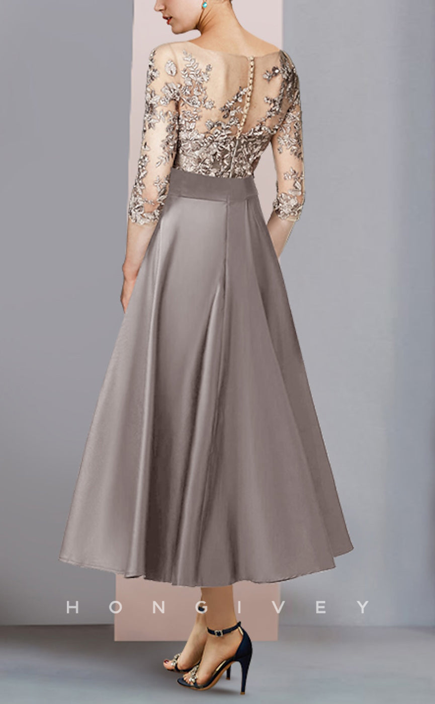 HM205 - Scoop A-Line Lace Applique Belt Mother of the Bride Dress