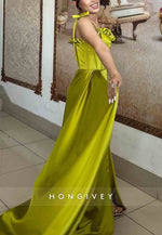 Detachable With Slit Satin Pleated Regular Straps Scalloped Neck Evening Gowns