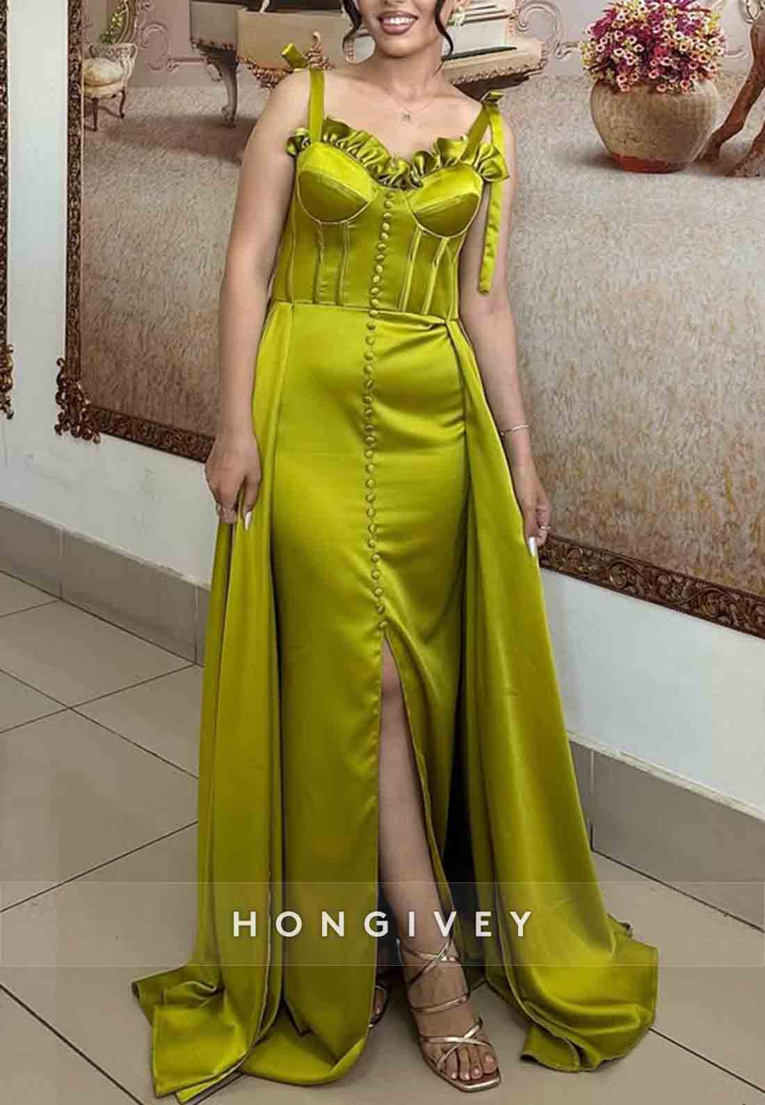 Detachable With Slit Satin Pleated Regular Straps Scalloped Neck Evening Gowns