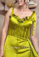 Detachable With Slit Satin Pleated Regular Straps Scalloped Neck Evening Gowns