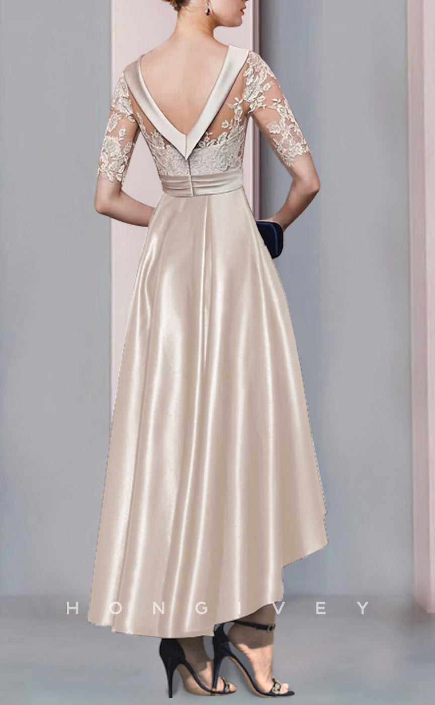 HM190 - Satin A-Line Round Half Sleeves Appliques High Low Mother of the Bride Dress