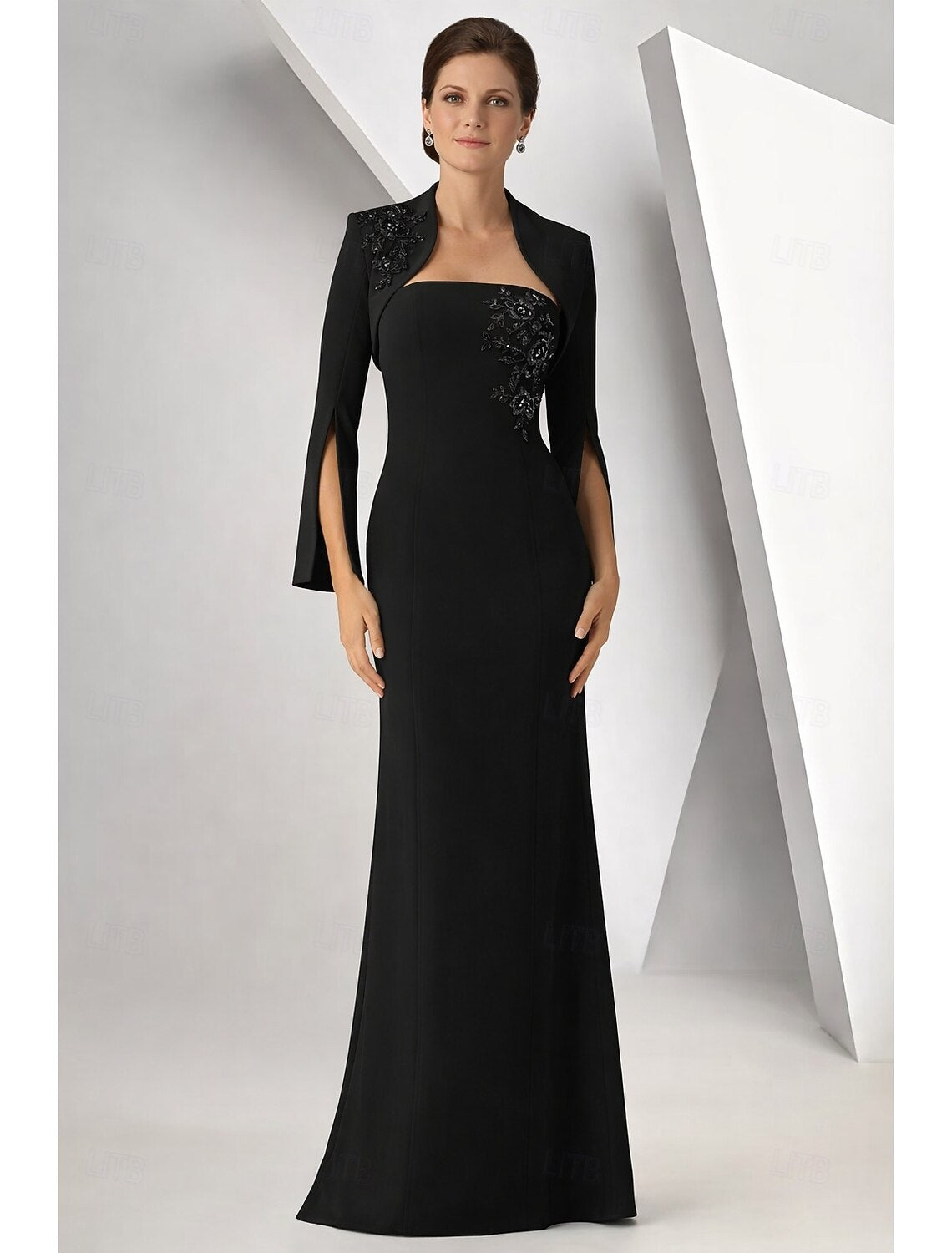 Applique Cape Sleeve Mermaid Evening Down Mother of the Bride Dress