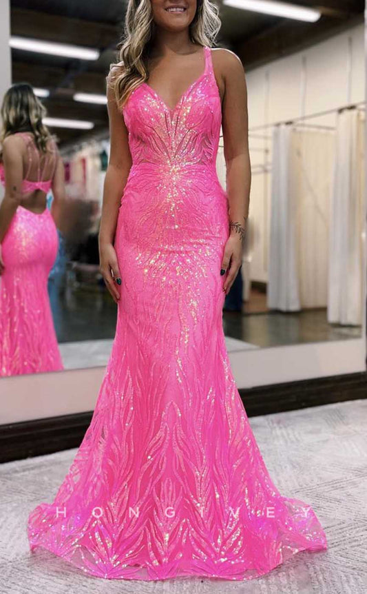 L2887 - Sexy V-Neck Spaghetti Straps Sequined Appliques Trumpet Party Prom Evening Dress