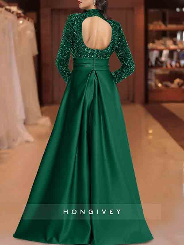 Backless Sequins Long Sleeve A-Line Slit Evening Dress