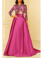 O-Neck Flowers Floral Print Long Sleeve A-Line Floor-Length Evening Dress