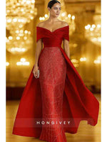 Off the Shoulder Mermaid Court Train Beading Evening Dress