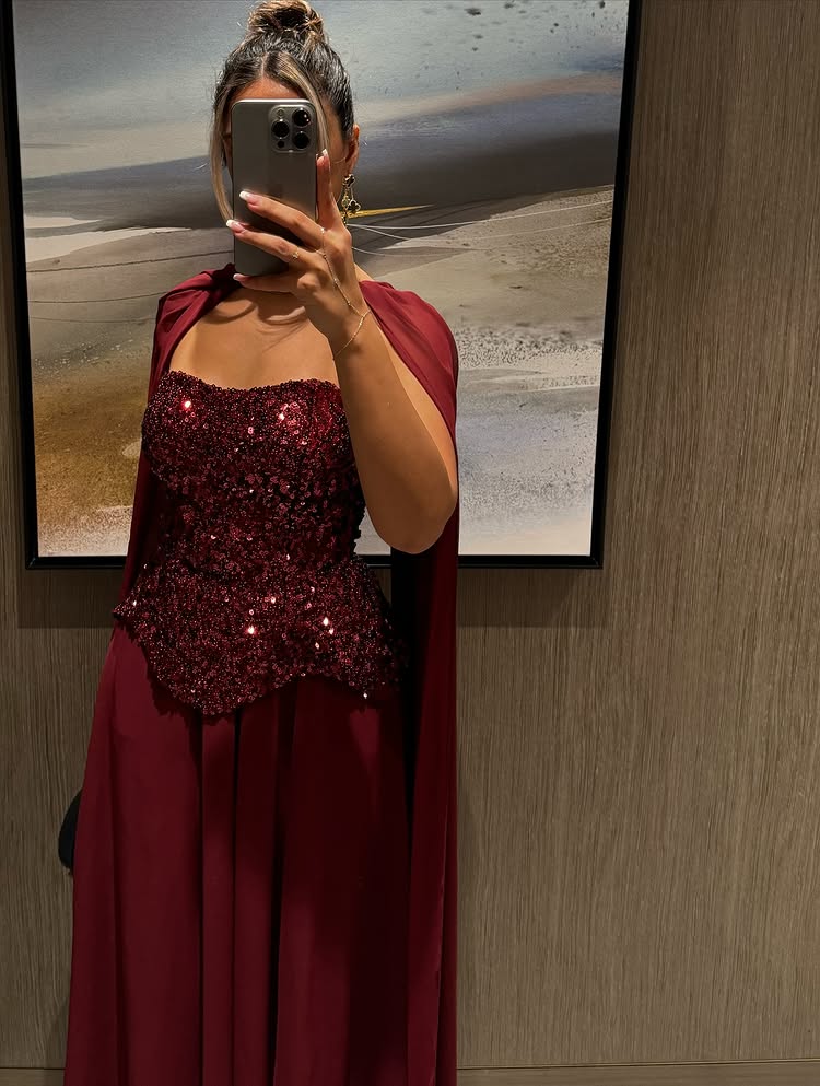 Sequins Sparkle Red Strapless Sleeveless A-Line Shawl Evening Dress Floor-Length