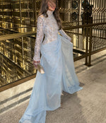 Blue High Neck Lace Long Sleeve Flowers Mermaid Backless Floor-Length Evening Dress