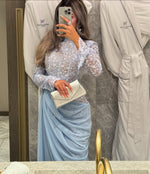 Blue High Neck Lace Long Sleeve Flowers Mermaid Backless Floor-Length Evening Dress