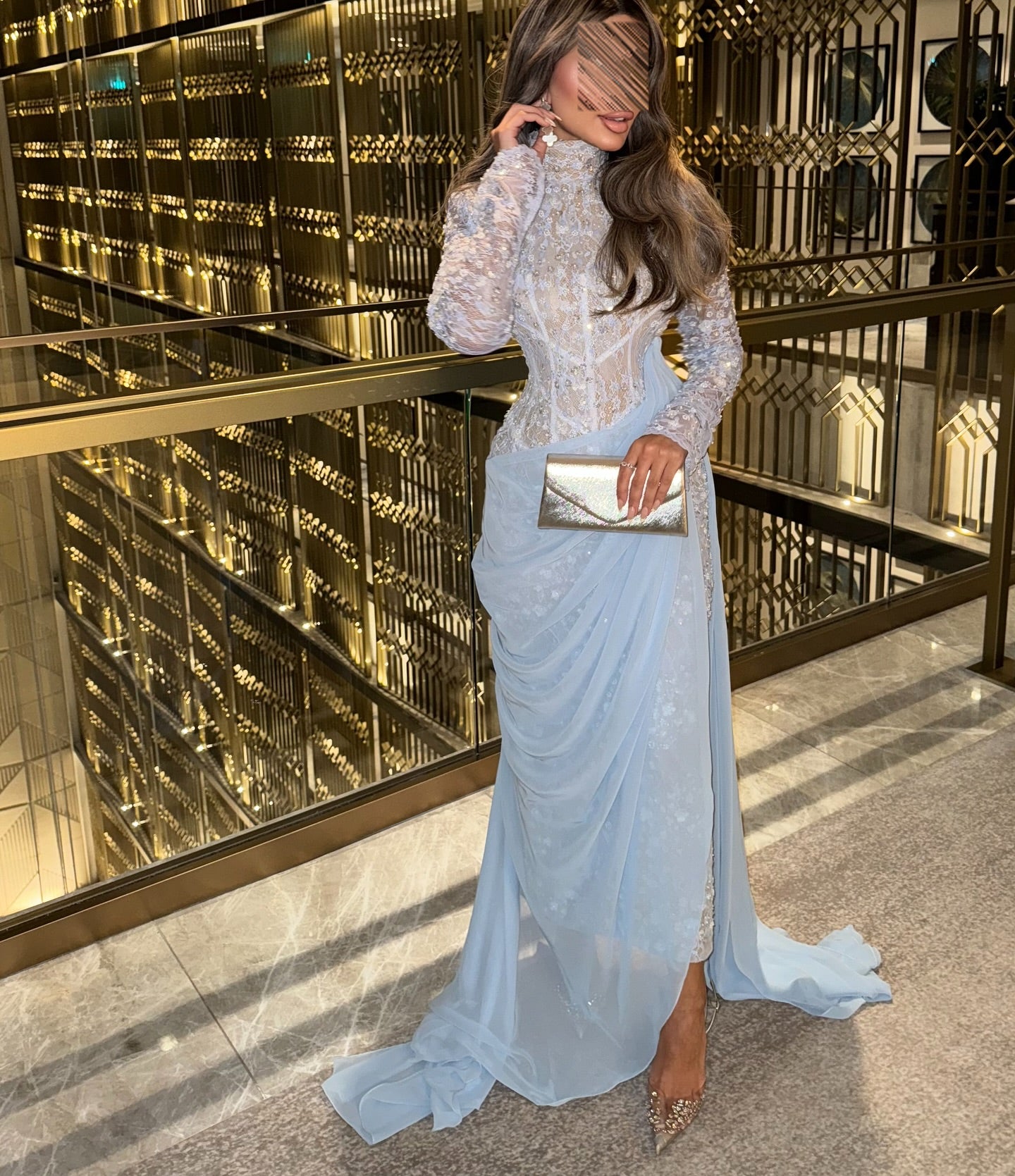 Blue High Neck Lace Long Sleeve Flowers Mermaid Backless Floor-Length Evening Dress