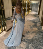 Blue High Neck Lace Long Sleeve Flowers Mermaid Backless Floor-Length Evening Dress