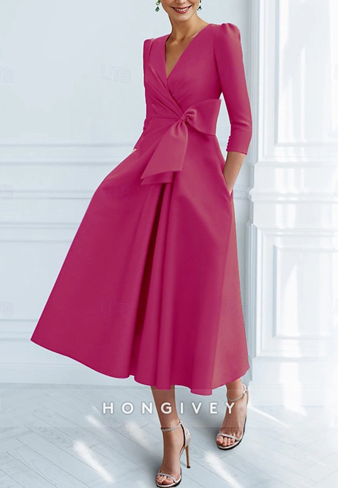 V Neck Tea-Length 3/4 Sleeve A-Line Ruched Cocktail Dresses with Bow(s)