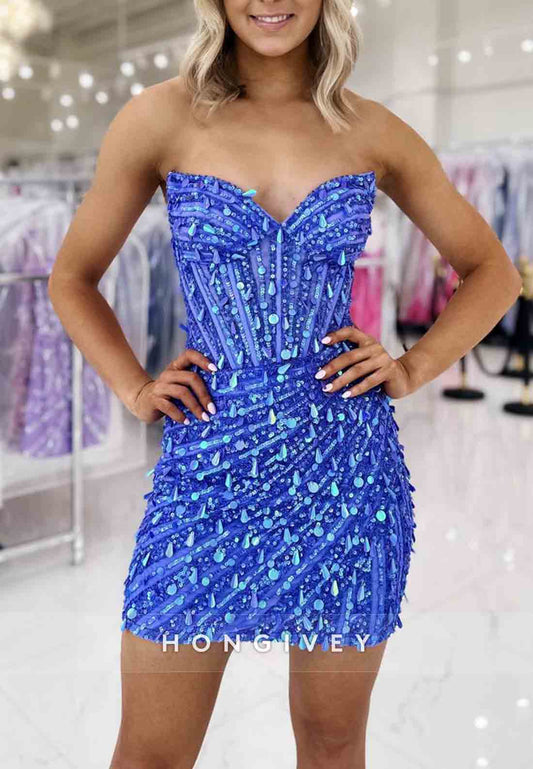 Sleeveless Sheath Strapless V-Neck Pleated Sequined Mini Homecoming Dresses