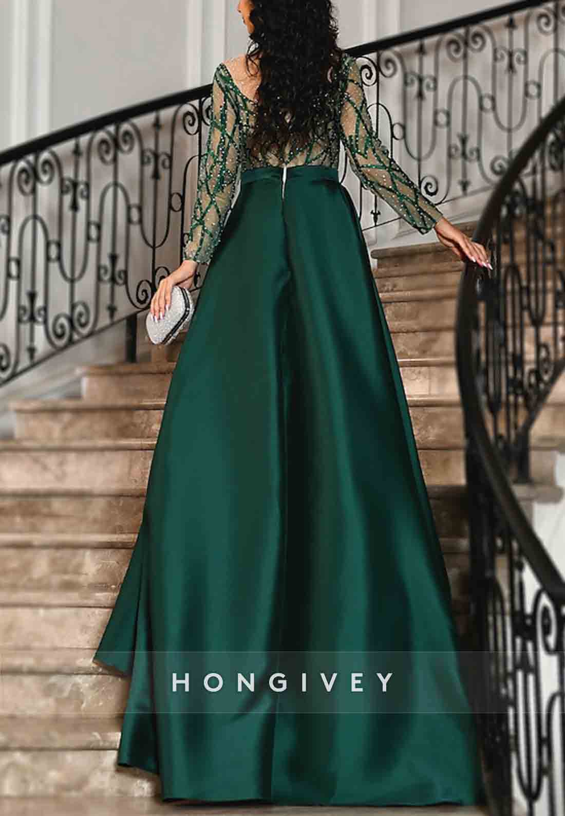 Satin Long Sleeves Detachable Illusion Neck Evening Gowns with Beading