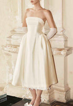 Satin Tea-Length Strapless Pleated Low Back Princess Wedding Dresses