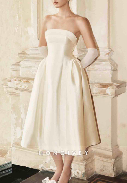 Satin Tea-Length Strapless Pleated Low Back Princess Wedding Dresses