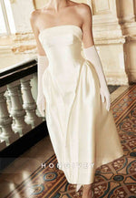 Satin Tea-Length Strapless Pleated Low Back Princess Wedding Dresses