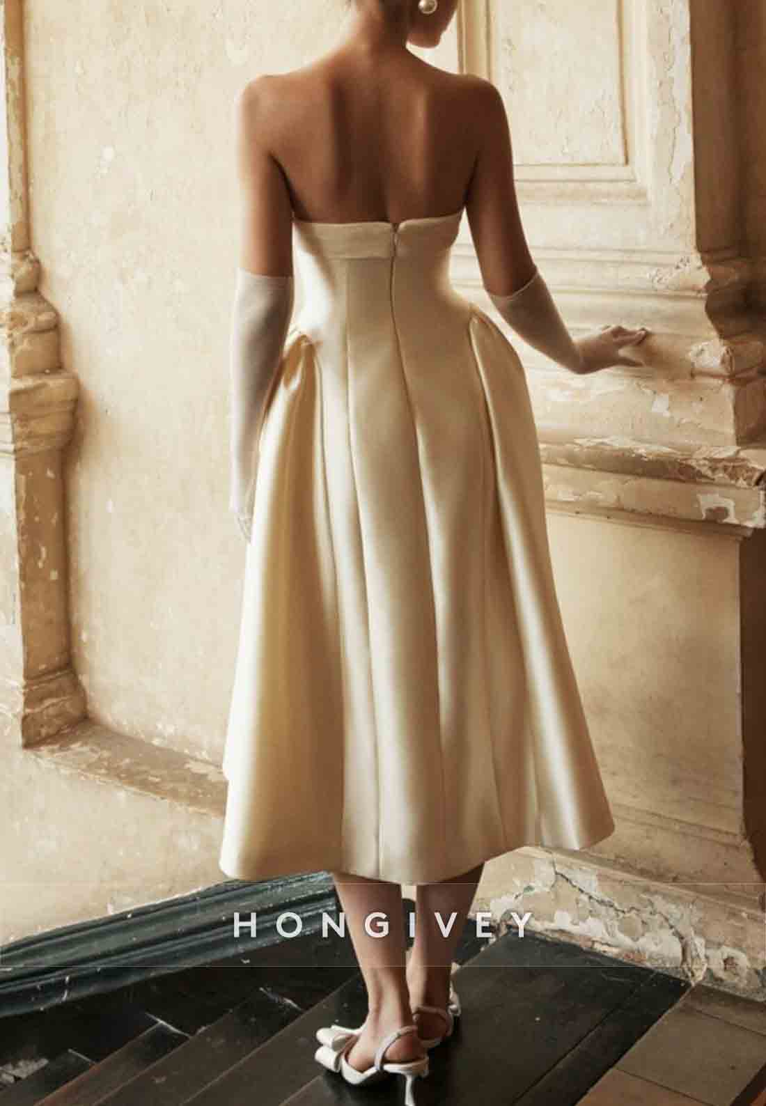 Satin Tea-Length Strapless Pleated Low Back Princess Wedding Dresses