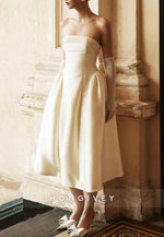 Satin Tea-Length Strapless Pleated Low Back Princess Wedding Dresses
