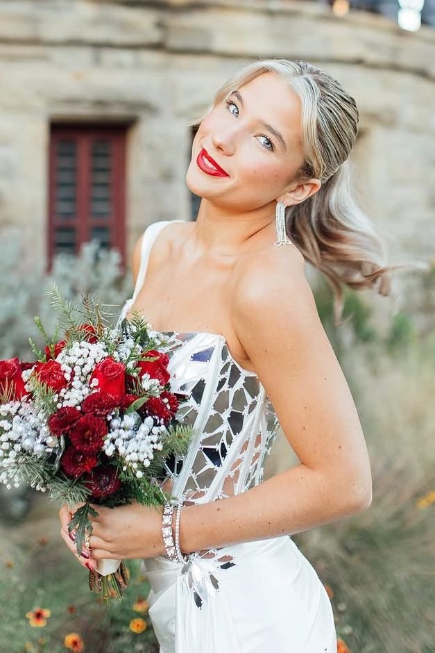 White One Shoulder Square Neck Mirror-Cut Sequins Prom Dress With Slit