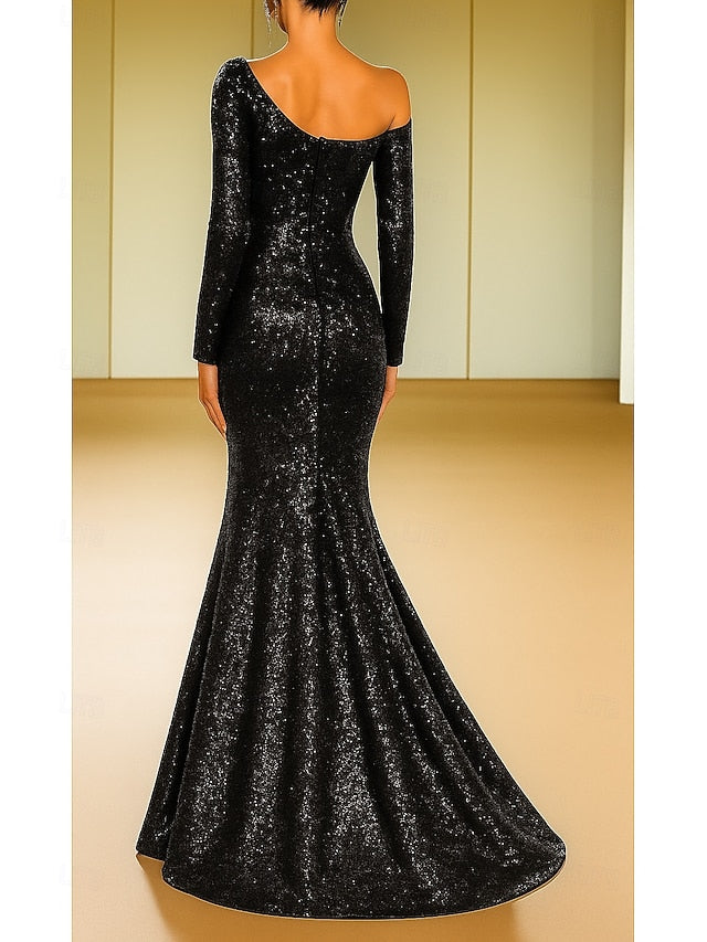 One Shoulder Long Sleeve Sequins Sparkle Mermaid Floor-Length Evening Dress