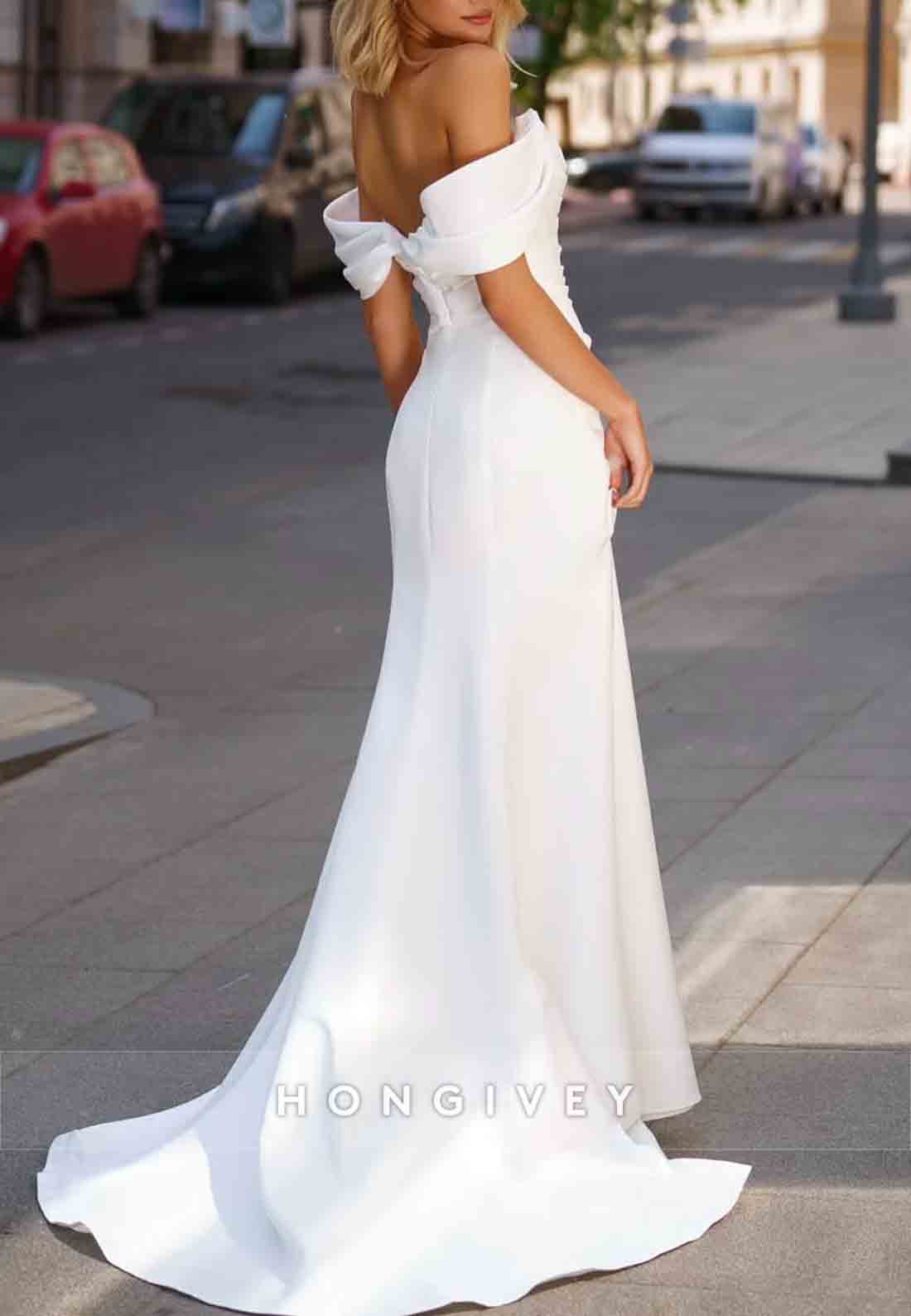 Simple Side Slit Off the Shoulder Low Back Sweep Train Pleated Wedding Dresses