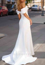 Simple Side Slit Off the Shoulder Low Back Sweep Train Pleated Wedding Dresses