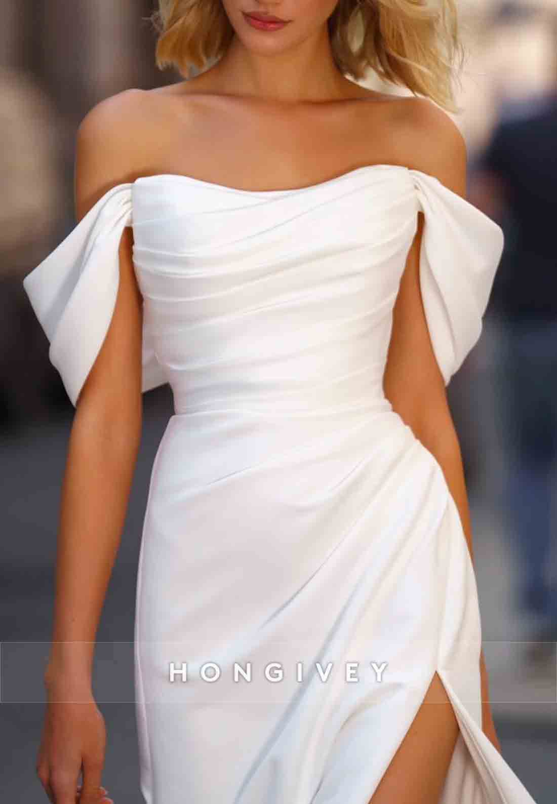 Simple Side Slit Off the Shoulder Low Back Sweep Train Pleated Wedding Dresses