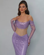 Off the Shoulde Purple Long Sleeve Mermaid Sheer Sequins Prom Dress