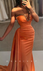 L2694 - Satin Sheath Sweetheart Strapless Beaded Ruched With Train Party Prom Evening Dress