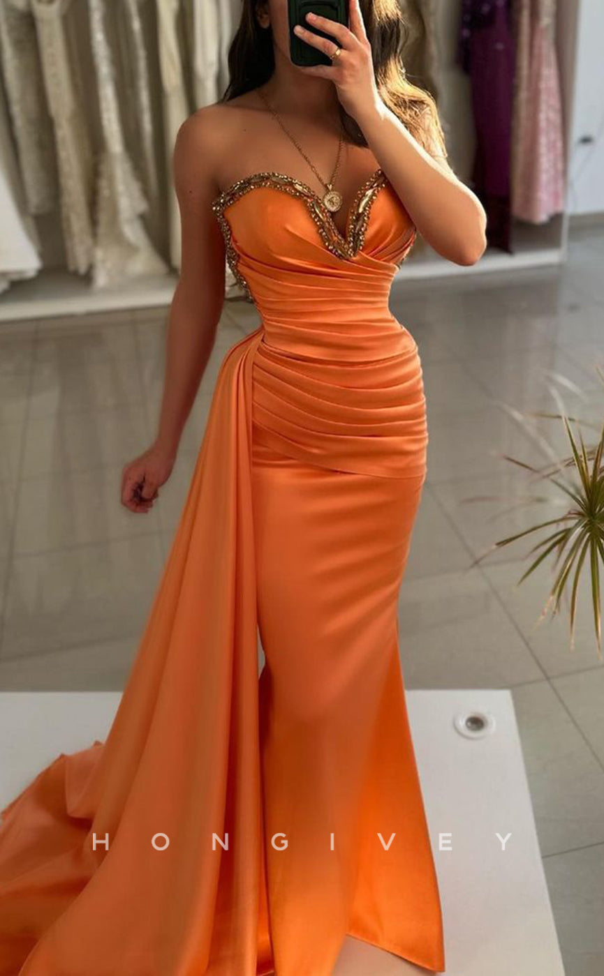 L2694 - Satin Sheath Sweetheart Strapless Beaded Ruched With Train Party Prom Evening Dress
