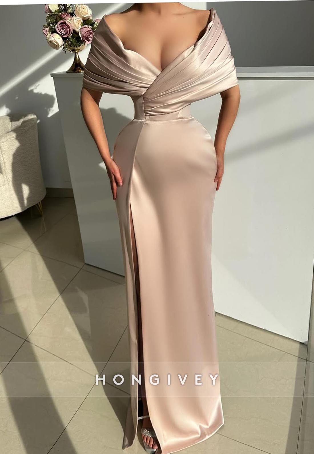 Champagne Satin Off-Shoulder Pleats Mermaid Long Prom Dresses with Split