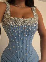 Luxury Blue Spaghetti Straps Beaded Sleeveless Mermaid Evening Dress