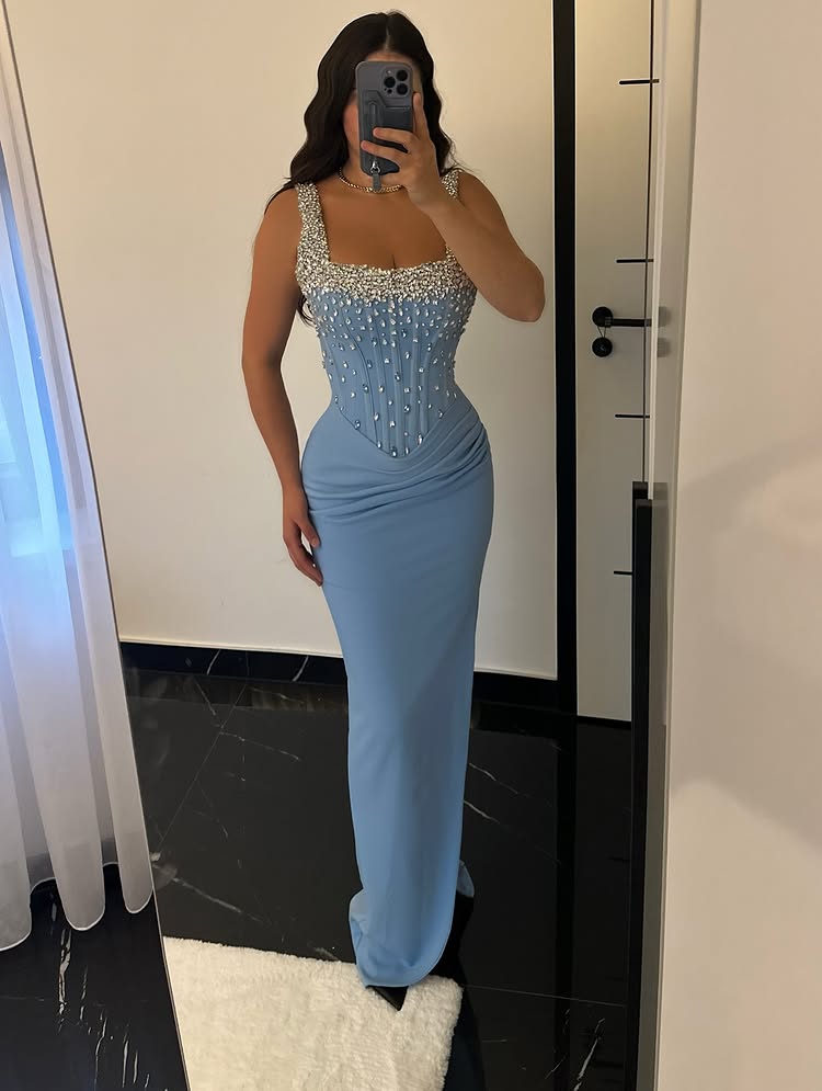 Luxury Blue Spaghetti Straps Beaded Sleeveless Mermaid Evening Dress