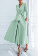 V Neck Tea-Length 3/4 Sleeve A-Line Ruched Cocktail Dresses with Bow(s)