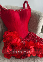 Red Regular Straps Short Homecoming Dress with 3D Flowers and Beading