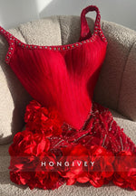 Red Regular Straps Short Homecoming Dress with 3D Flowers and Beading