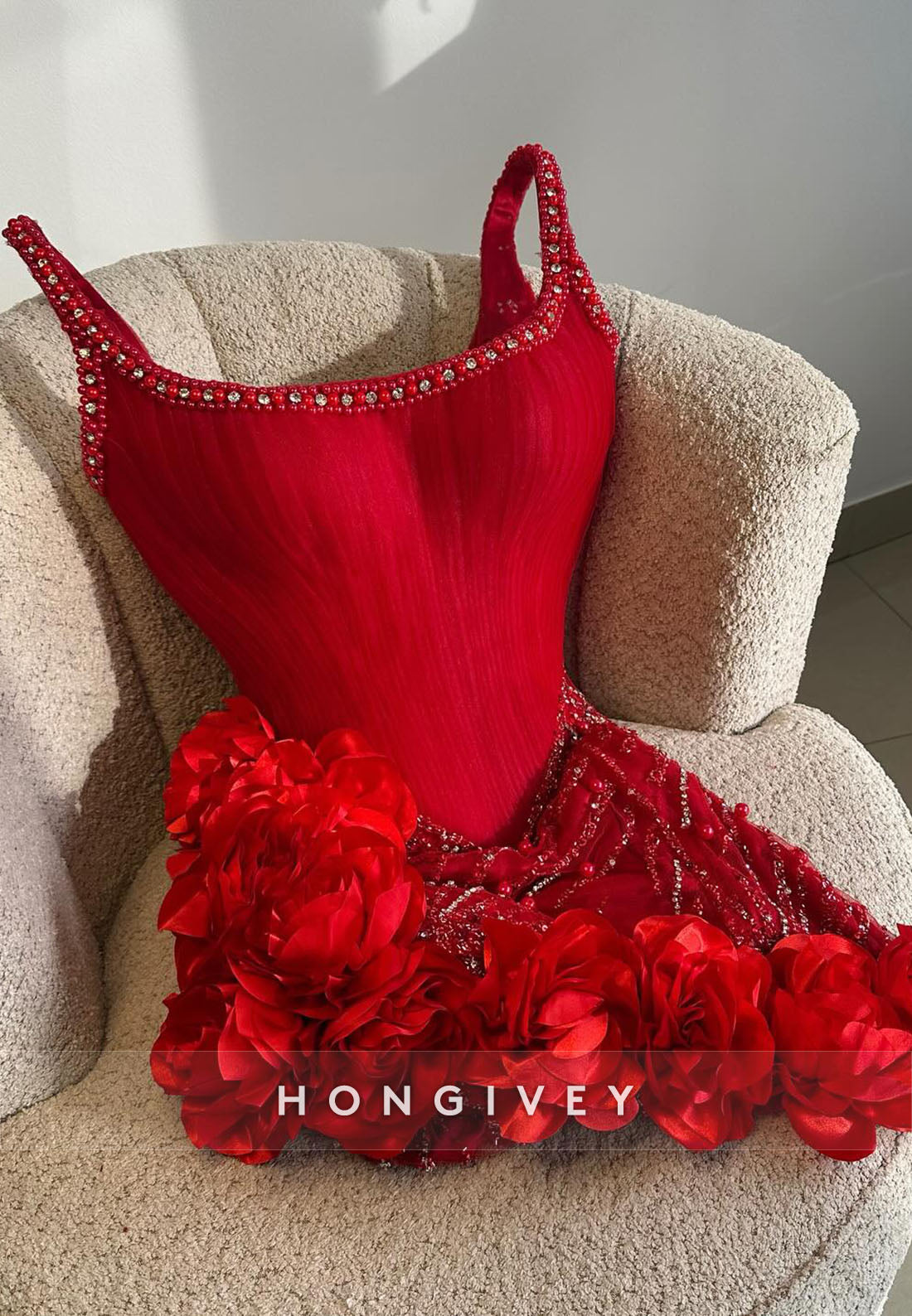 Red Regular Straps Short Homecoming Dress with 3D Flowers and Beading