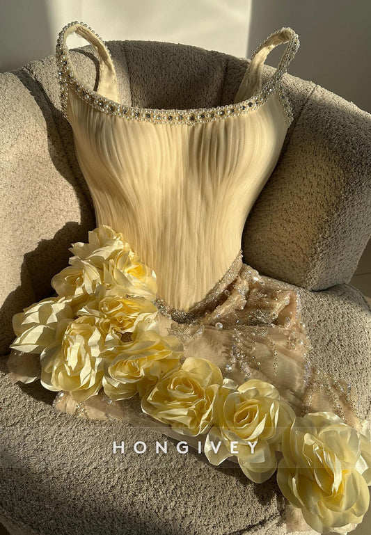 Regular Straps Yellow Short Homecoming Dress with Pearls and 3d Flowers