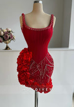 Red Regular Straps Short Homecoming Dress with 3D Flowers and Beading